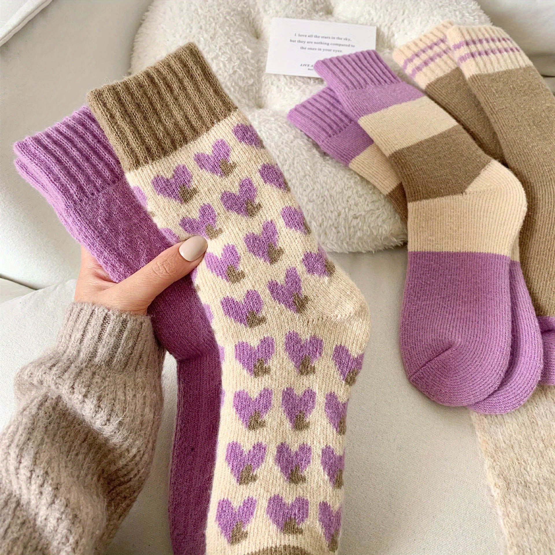 

4pcs Pattern Women's Cashmere Socks - Warm & Comfortable Mid-calf Floor Socks In Purple, , And Brown , Soft Towel Bottom, Hand Washable, Cute Socks