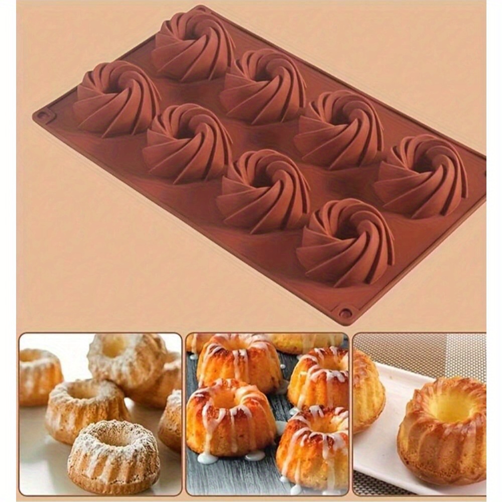 

Silicone Mini Pan - 8 Cavity Swirl Design Mold For Baking, Fluted Tube Cake, Fondant, Gum Paste, Pudding & Pastry - Versatile Kitchen Gadget For Home Bakers & Cake Decorating