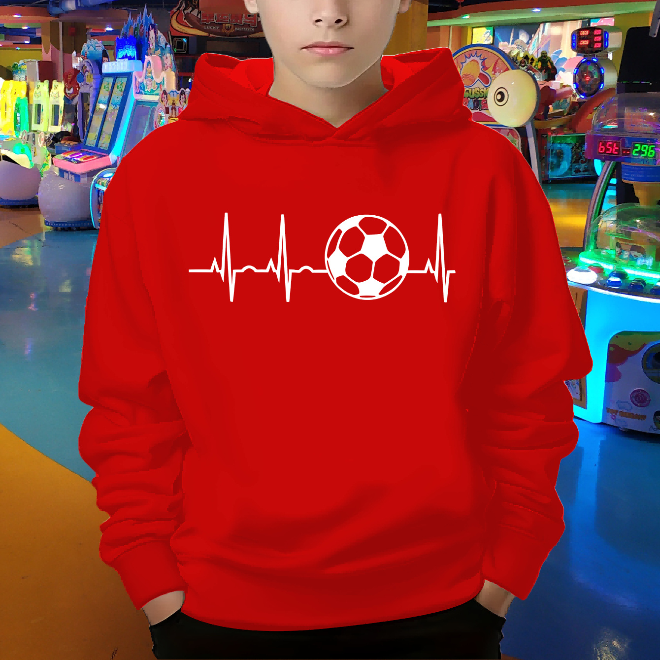 

Soccer Heartbeat, Boys Stylish Hooded Sweatshirt, Casual Comfy Autumn Winter Hoodie Top