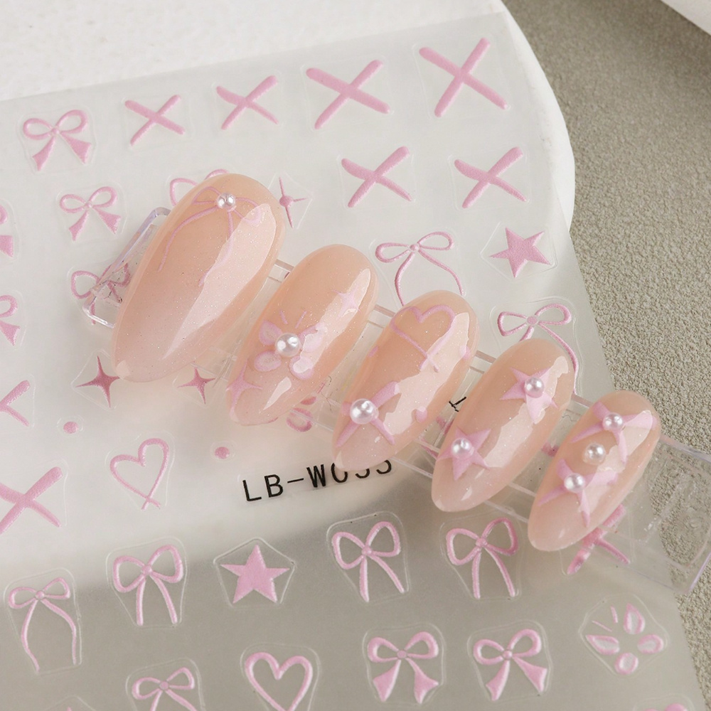 2pcs 3D Nail Ribbons Sticker with Pink and White Bows