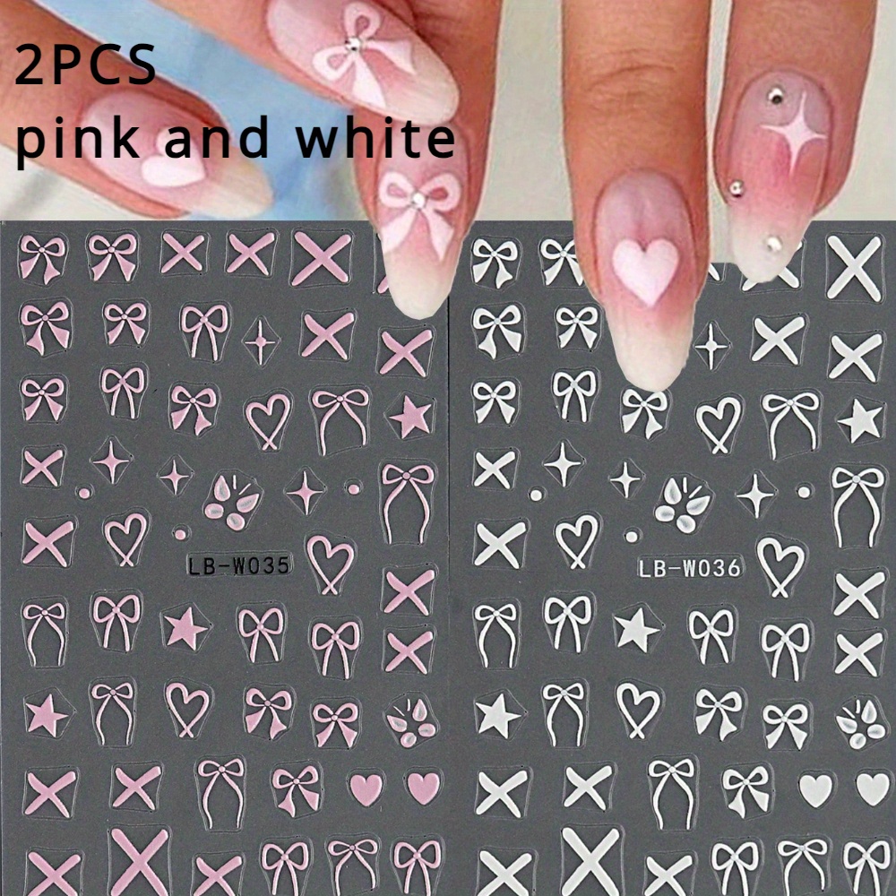 Image of 2pcs 3d Nail Ribbons Sticker | Pink White Bows Nail Charms Cute Bowknot Decals Y2k Nail Design Kawaii Additions Nail Stickers, Self, Cartoon Theme, Glossy End