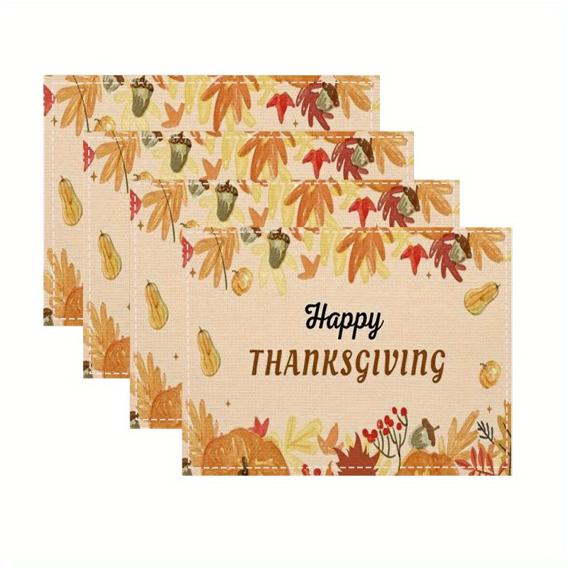 

Happy Thanksgiving Linen Placemats Set - 4/6 Made Weave, Heat Resistant Table Mats For Dining Decor, Ideal For Farmhouse Kitchen, Parties, And Outdoor