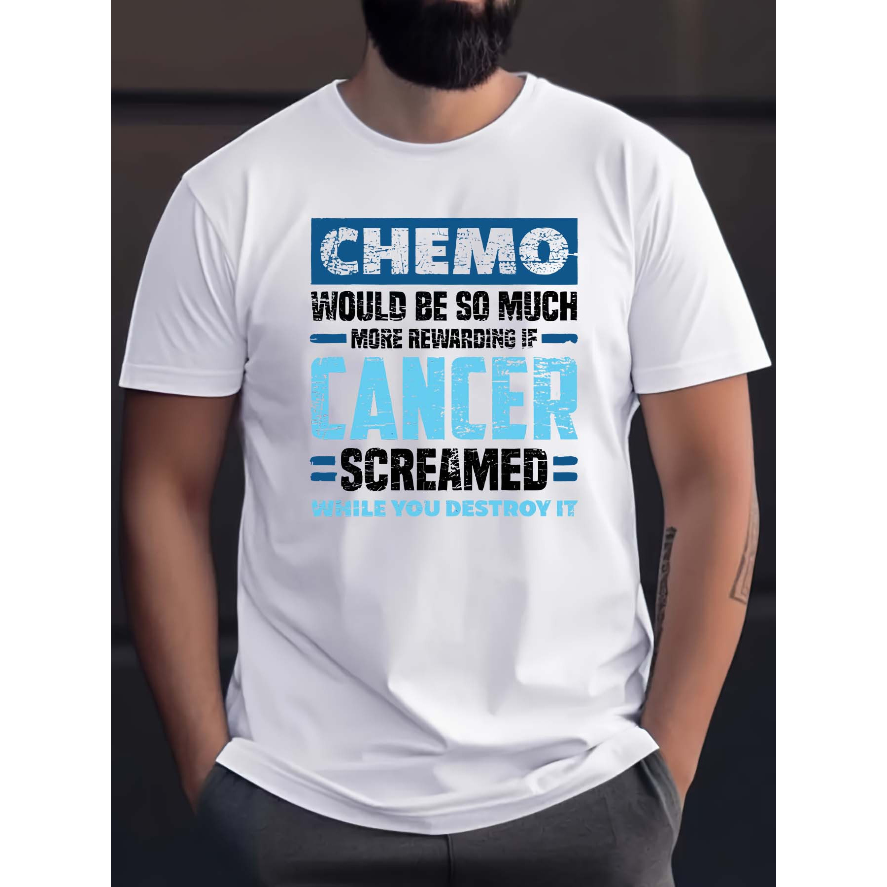 

Men's Breathable Casual T-shirt With Chemo Cancer Awareness Print - Soft, Stretchy Polyester, Round Neck, Short Sleeve Sports Top For Summer