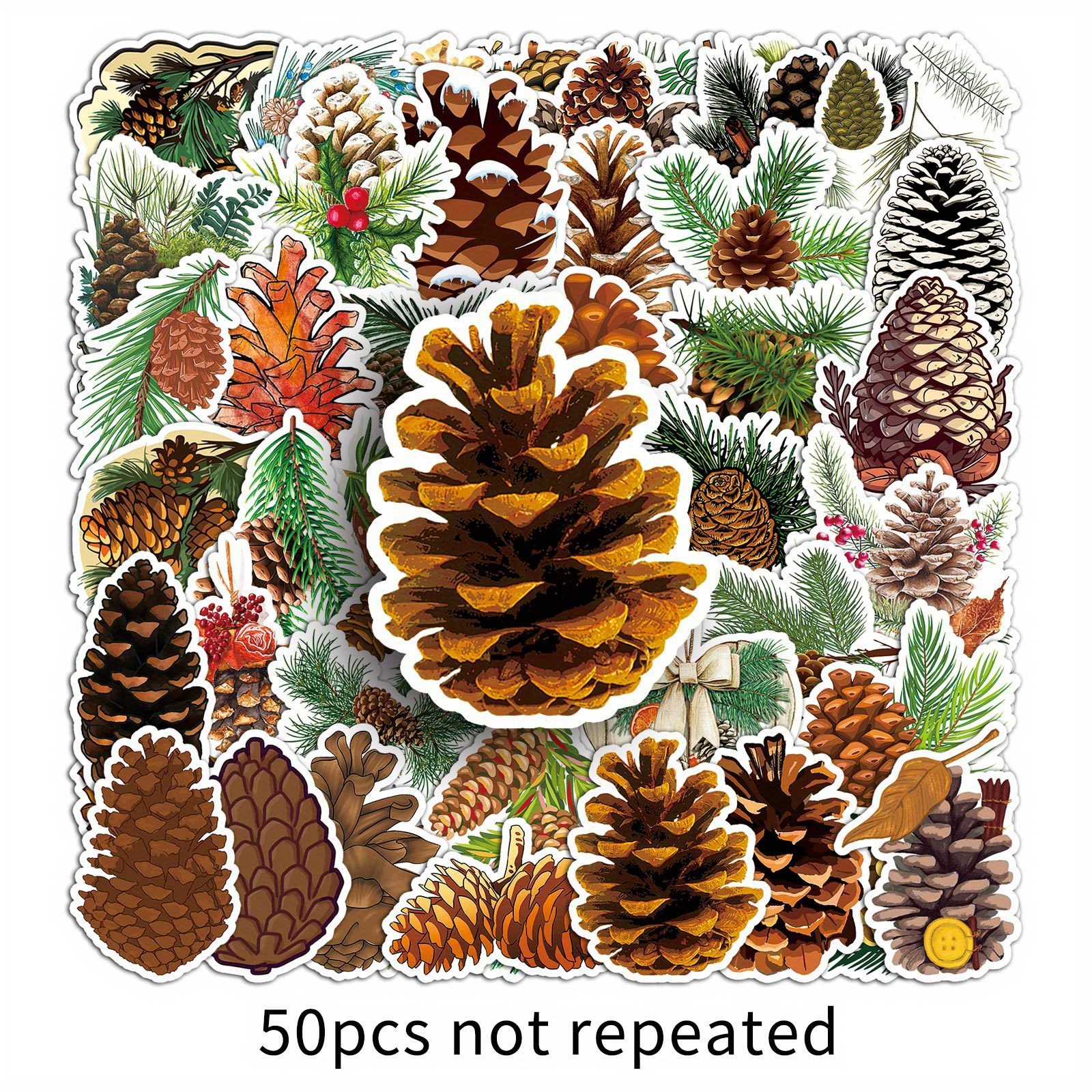 Image of 50pcs Pine Cones Craft Supplies & Stickers, Autumn Forest Plants, Gifts, Holiday Decals, For Journaling, Laptops, Bumper, Skateboard, Bottle, Phone, Headphones, Notebooks, Car Decals