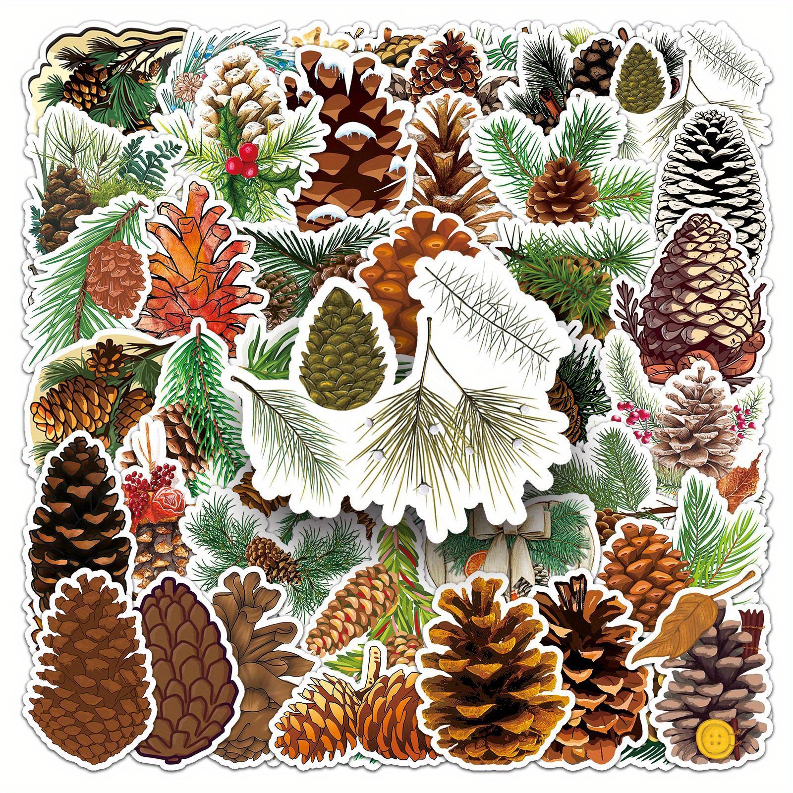 

50 Pcs Pine Cones Waterproof Stickers - Christmas Scrapbooking, Holiday Decor, And Gift Wrapping