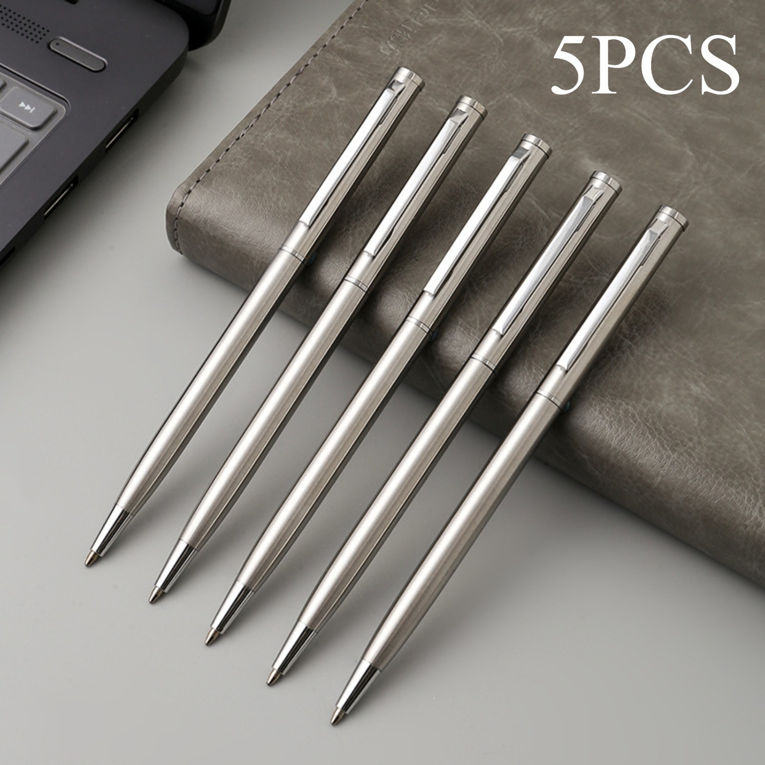 TEMU 5pcs Sleek Silvery Stainless Steel Ballpoint Pens, Medium Point, Twist Action - Business & Office Use