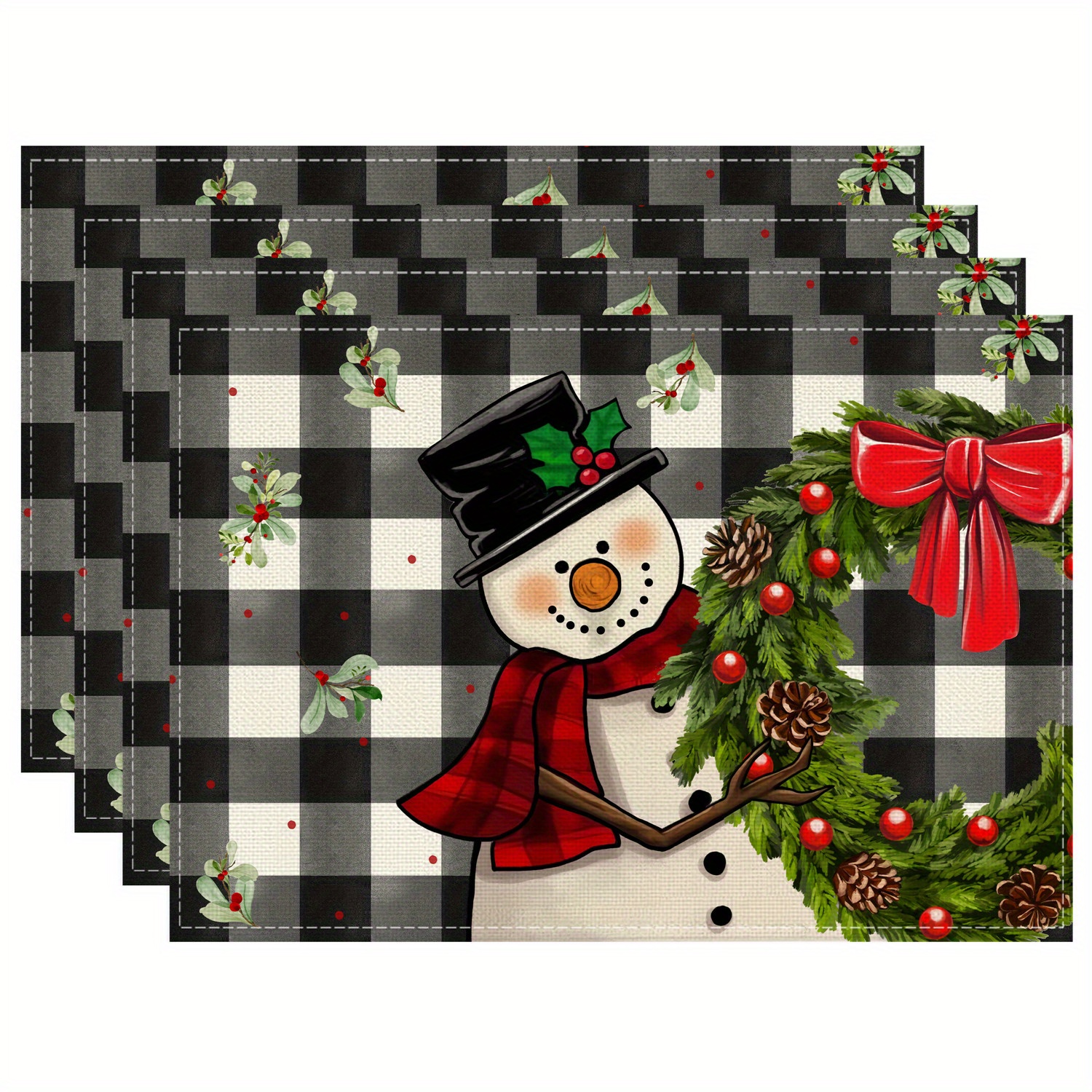 

4pcs Set Christmas Placemats - Snowman & Wreath , , -, Polyester , For Dining &