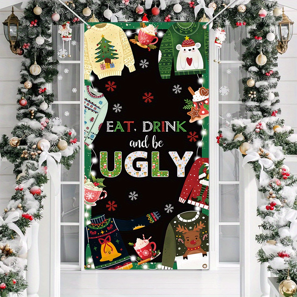 

Festive Ugly Sweater Party Backdrop - Christmas And New Year's Decor - 90.0cm X 180.0cm - No Power Required - Polyester Material - Multi-purpose Use