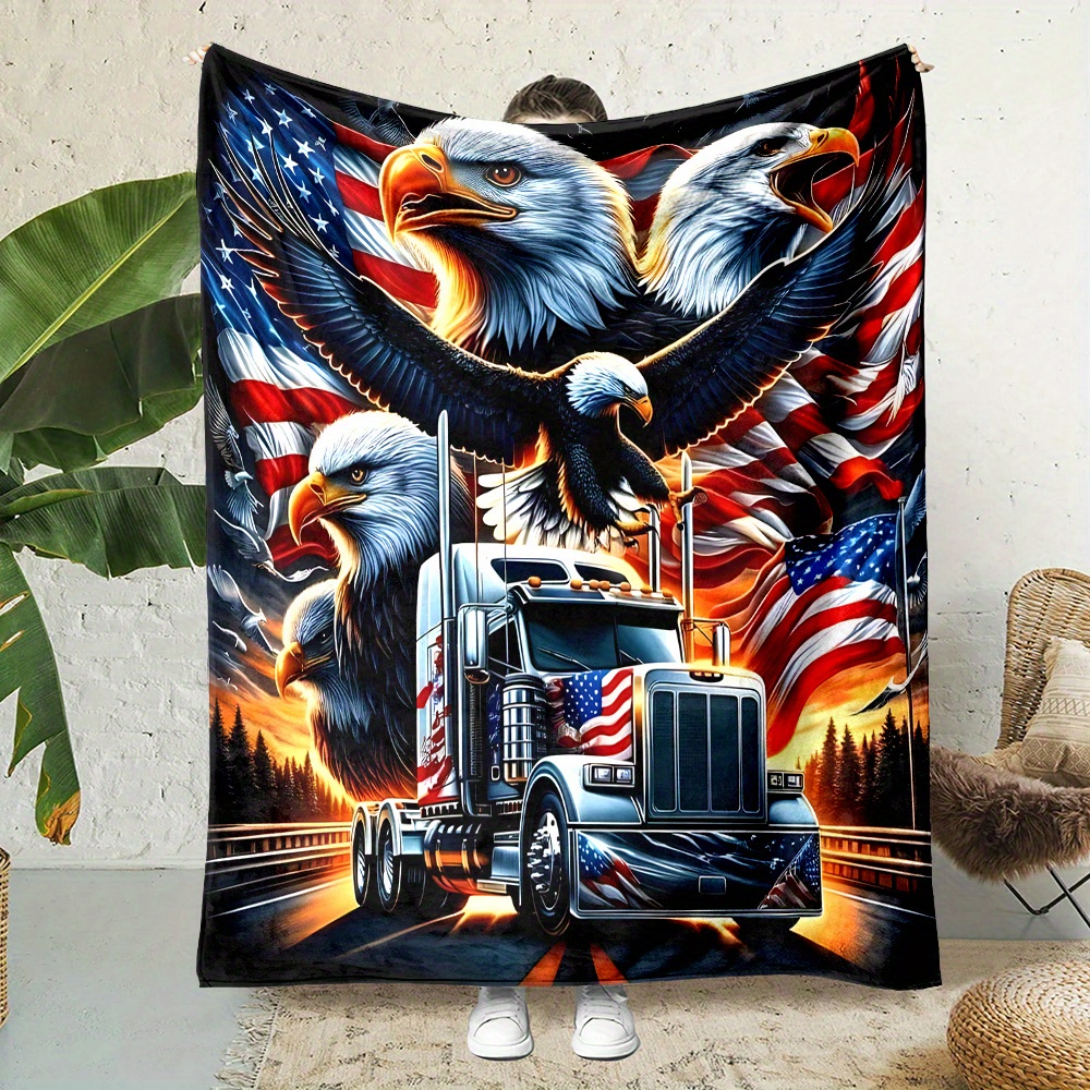 

Patriotic Eagle And Semi-truck Throw Blanket, 100% Polyester Flannel, Country-rustic Theme, Digital Printing, Non-woven, Reversible, , 200-250g Lightweight Fabric