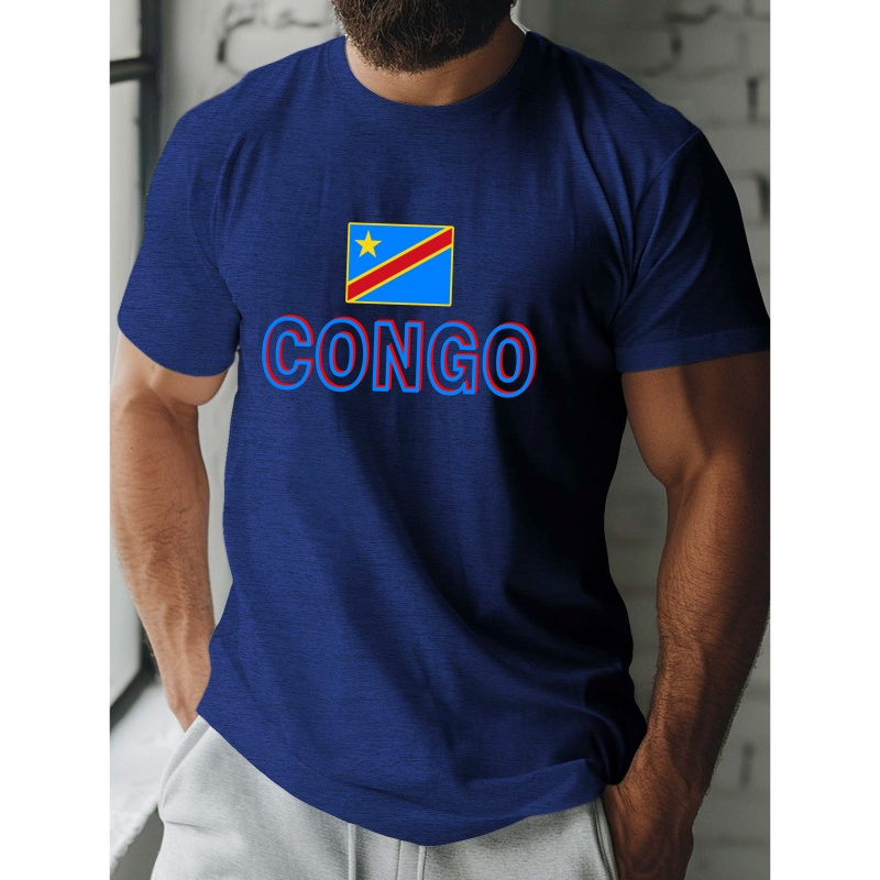 

T-shirt imprimé du Congo pour homme, col rond décontracté, manches courtes, tissu tricoté 100% polyester, légère extensibilité, coupe standard, haut d'été - 150gsm