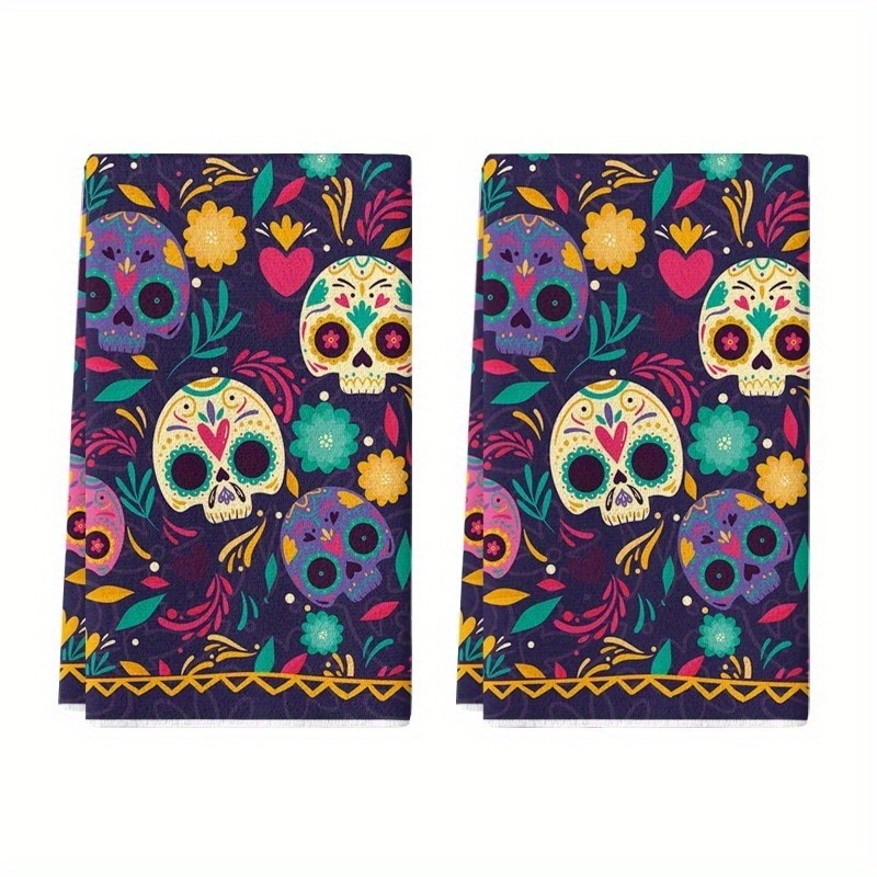 

Pair Of 2 Smiling Sugar Marigold Leaf Day Of The Dead Kitchen Dish Towels - 18 X 26 Inch