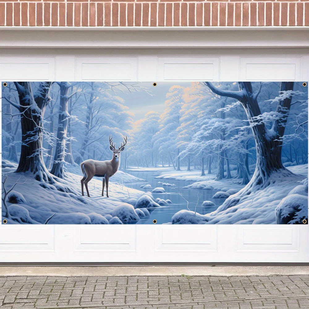 

Festive Christmas Garage Door Banner: Snowy Forest With Deer - 2x6m/2x236in, 180cm/71in, 400cm/157in - No Power Required - Outdoor/indoor Use - Party Decorations