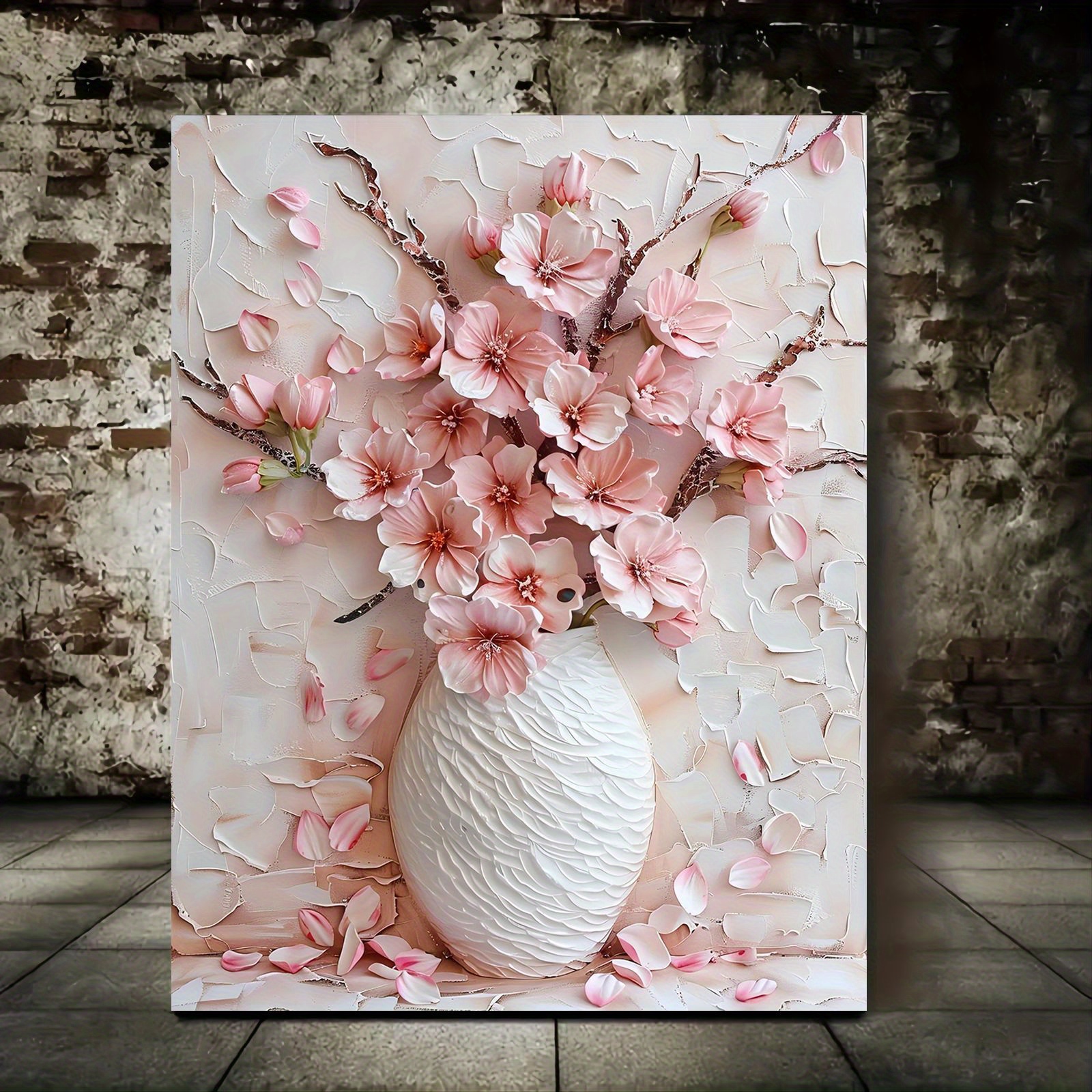 

Charming Pink Floral Vase Canvas Art - Wooden Framed, Textured Background With Green Leaves & Light Beige Walls - Perfect For Living Room Decor, 11.8x15.7 Inches