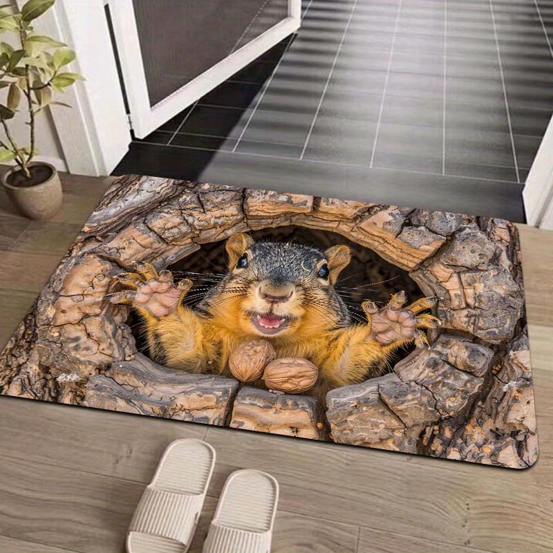 

Animated Squirrel In Design Doormat - Washable Polyester Indoor Mat With Anti-slip Pvc Backing, Machine Made Entryway Rug For Bathroom, Kitchen, Living Room, Bedroom - Machine Decorative Carpet