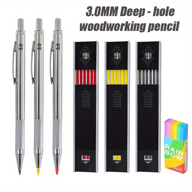 

6-piece Carpenter Pencil Set - 3.0mm Mechanical Woodworking Pencils With Deep-hole Marker , Metal & Plastic, For And Construction Workers, Includes 2 Pencils, 3 Lead Refills & 1 Eraser, For 14+