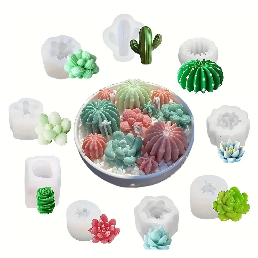 TEMU [customer Favorite] 9pcs Silicone Candle Mold Set - 3d Floral & Cactus Designs For Scented Candles, Wax Melts, And Resin Crafting