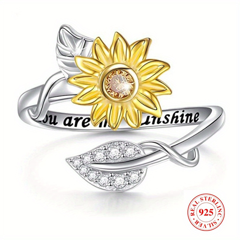 TEMU 925 Sterling Silvery Ring - Exquisite Sunflower Design, Silvery Leaf Inlaid With, Engraved With Letters, Elegant Vacation Gift For Her, For