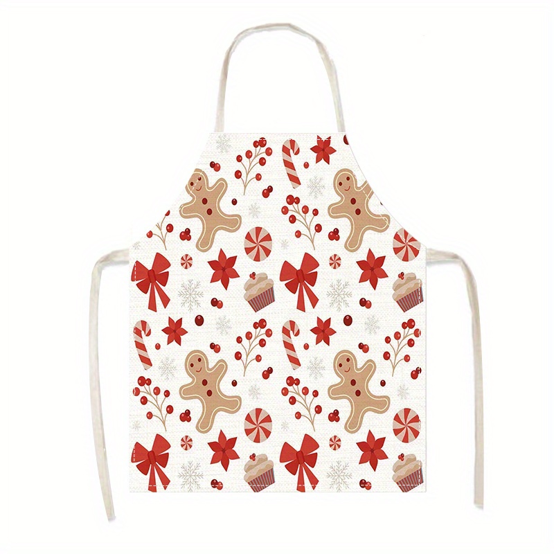 TEMU Christmas Holiday Gingerbread Men And Snowflake Print Apron - 1pc Adjustable Chef Kitchen Apron, Linen 100% Woven, Stain Resistant, Easy Care, Perfect For Kitchen And Restaurant Use