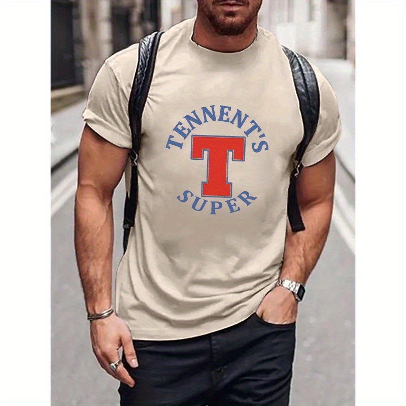 

Men's Casual Crew Neck T-shirt With Tennent's Super Print - 100% Polyester Knit Fabric, Medium Stretch, Short Sleeve Pullover For Summer - Graphic Tee For Going Out