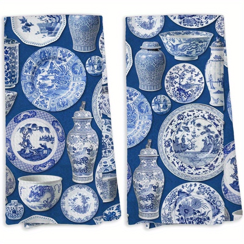 

2pcs Set Of Polyester Kitchen Towels - Modern Navy Porcelain Design, Machine Washable, Drying Hands & Dishes, 18x26 Inches