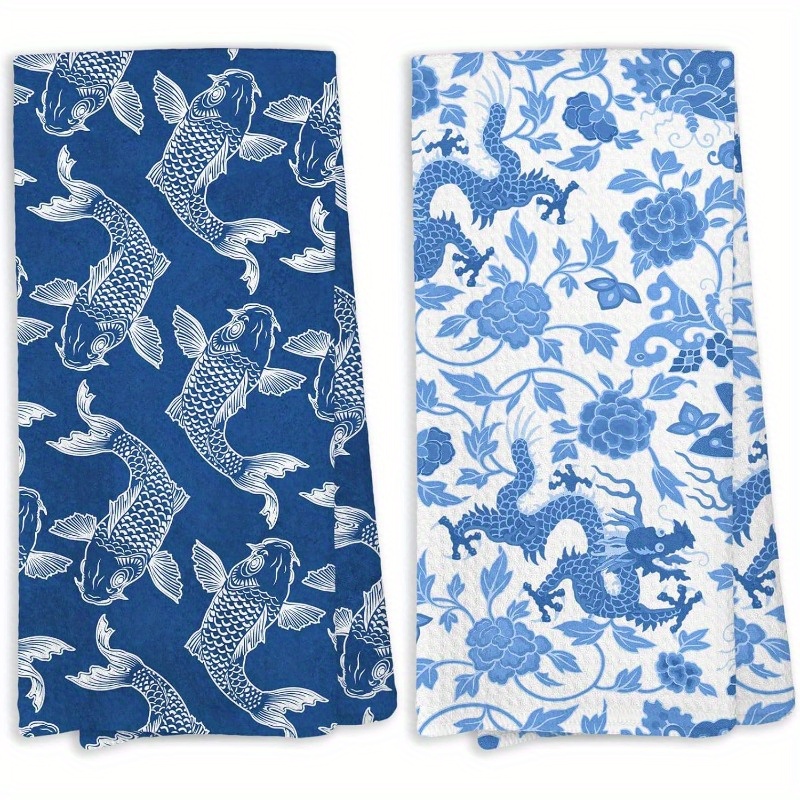 

2pcs Set Of Chinoiserie Kitchen Towels - Vintage Navy Dragon , Drying Hands & Decorating, Machine Washable Polyester, 18x26 Inches