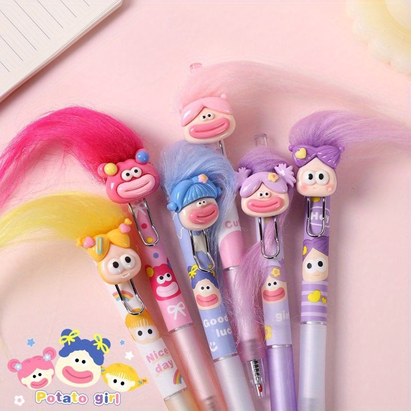 

6pcs, Gel Pens, Creative Design, Diy Hair Style, 0.5mm, Fine Tip, Quick Drying, School Supplies, Kawaii Stationery, , Stationery, Writing Pens, With Free Rubber Bands