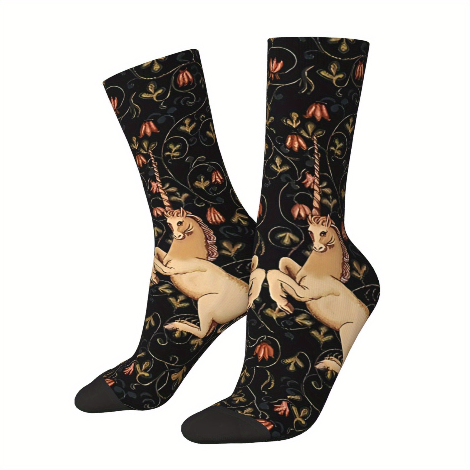 

Medieval Unicorn Floral Tapestry Socks For Men: Hip Hop, , Happy, Seamless Pattern Printed, Crew Sock,