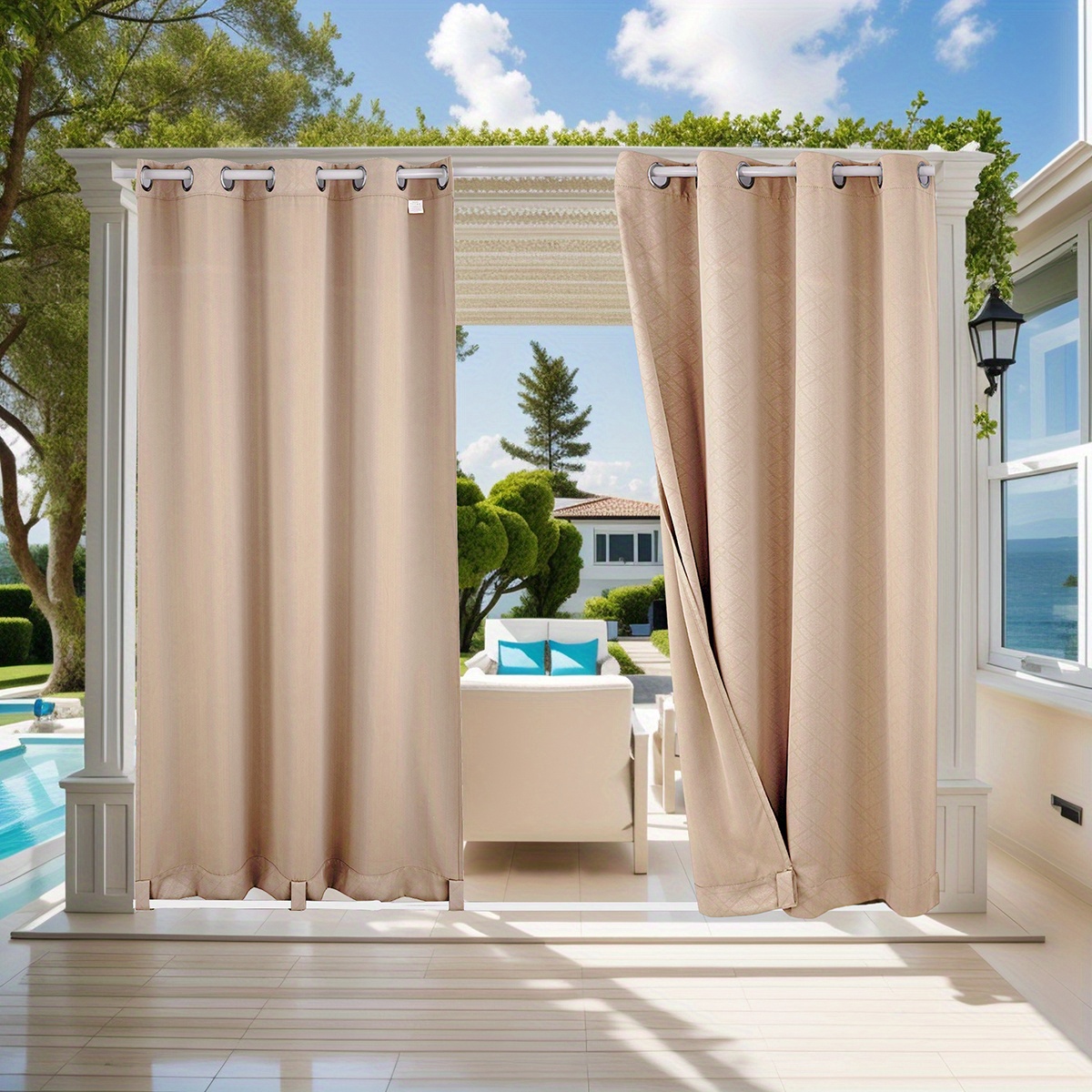 

2-piece Set - 3d Embossed Outdoor Waterproof Curtains, Patio Water-resistant & Heat-resistant Curtains, Holes At Top & Wind-resistant At Bottom, In 5284in, 52108in, 52*94in Shades