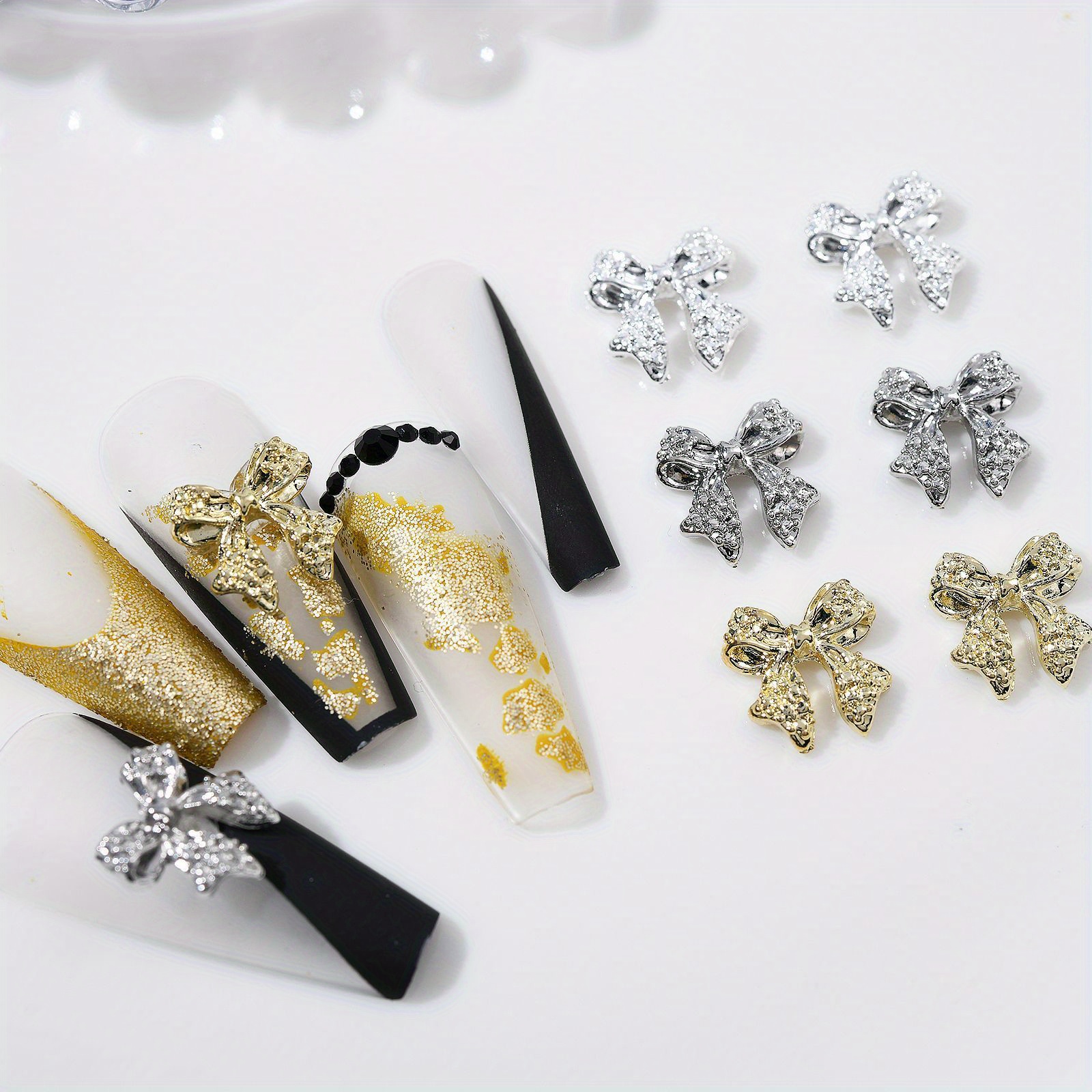 TEMU 90pcs 3d Metal Bow Nail Charms For Acrylic Nails Alloy Nail Bows Golden Silvery Gray Bow Knot Nail Art Charms Cute Bow Charms Kawaii Bow Tie Nail Accessories Nail Jewels For Women Girls Manicure