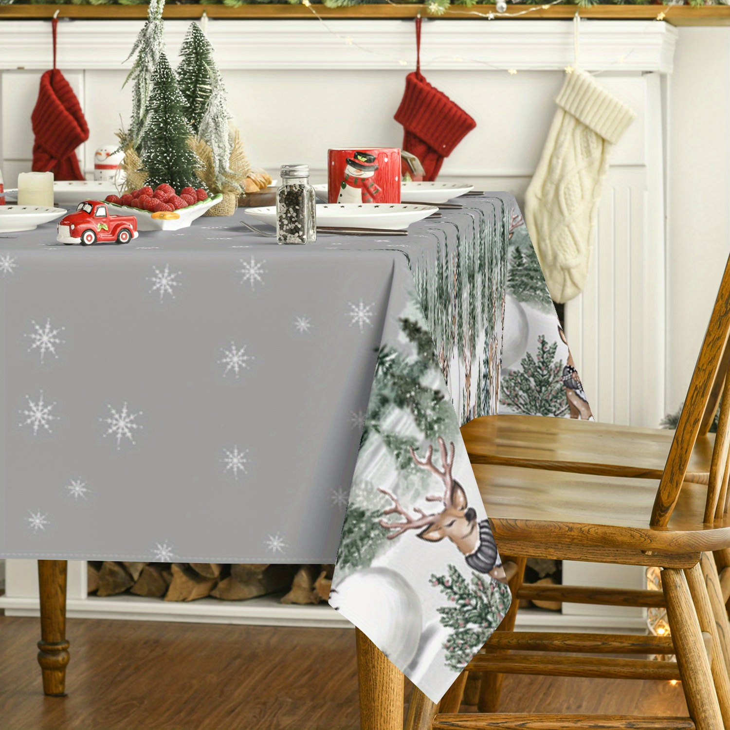 

1pc Christmas Theme Round/rectangular Polyester Tablecloth, Grey Background Elk And Snowman In Winter Trees Pattern Washable Table Cover Cloth For Party Picnic Dinner Kitchen Room Decor