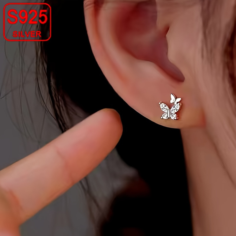 

925 Sterling Silver Hypoallergenic Stud Earrings Double Butterfly Zirconia Earrings Personality Retro Exquisite Design Ear Studs With Gift Box