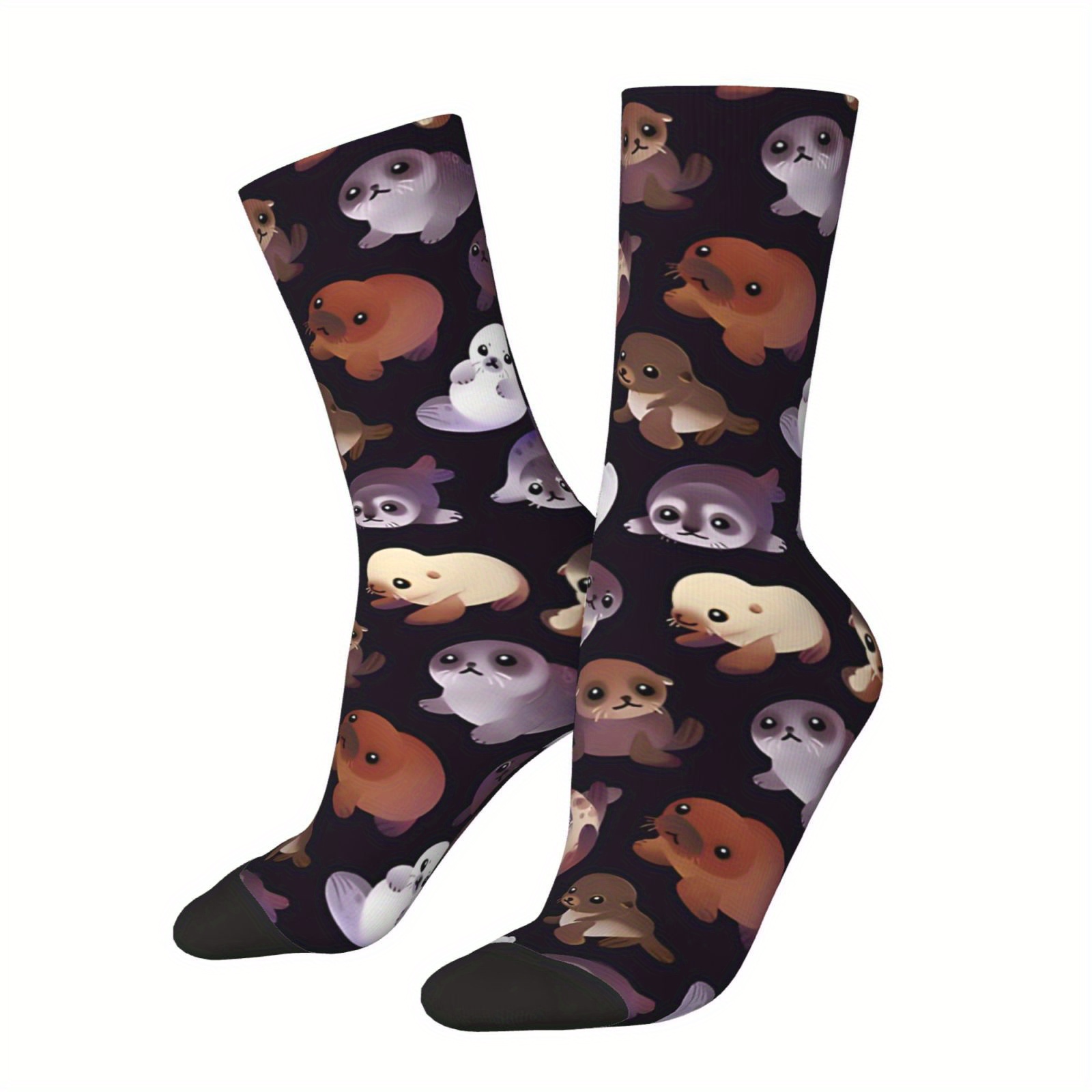 

1 Pair Men's Seal Socks - Comfy Polyester , Vintage Hip Hop Style, Seamless Dark Color With Print, Perfect Casual Or Novelty Gift, Cute Socks