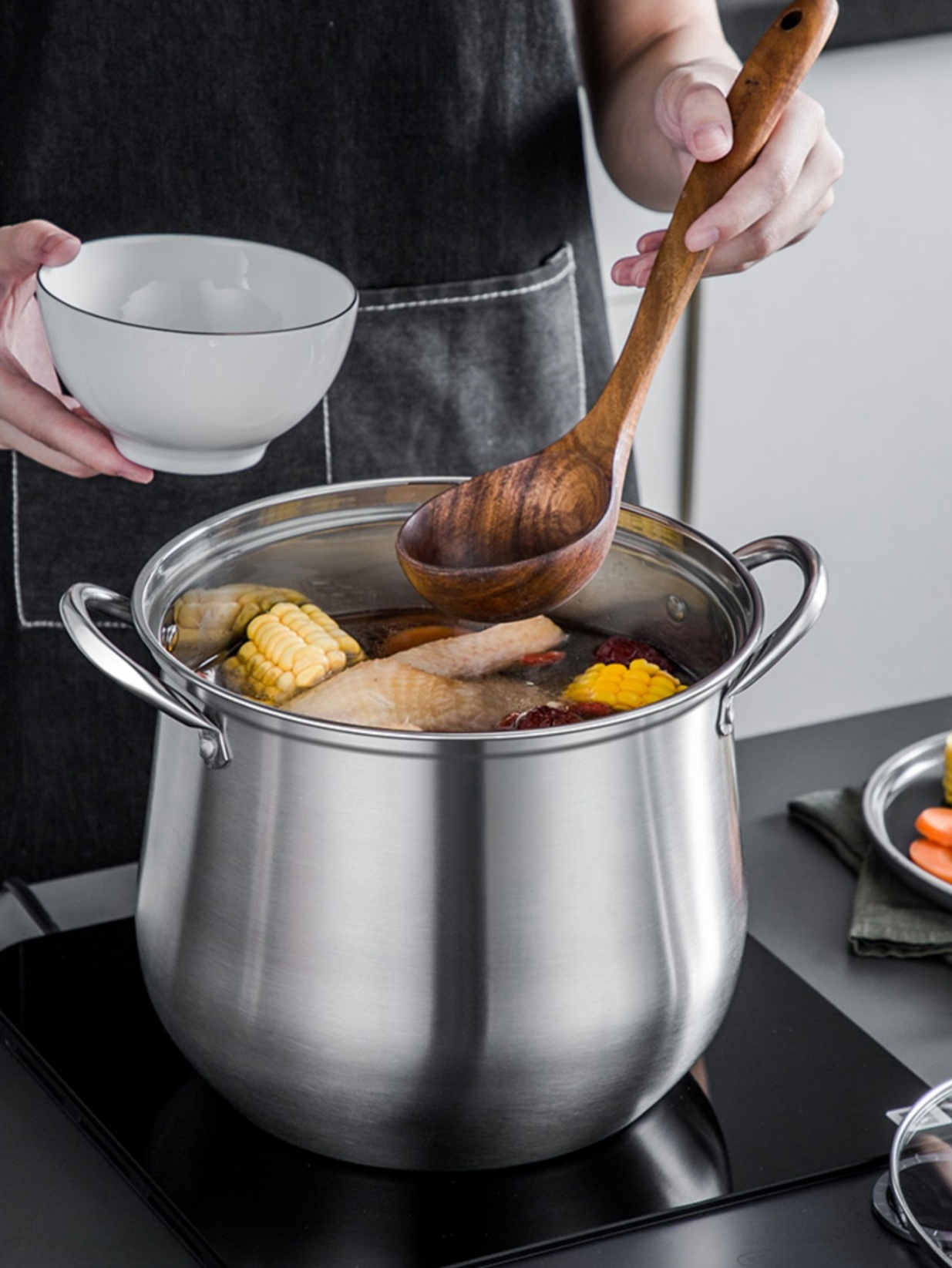 22cm 8 66inch heightened soup pot stainless steel household thickened large capacity soup   steaming saucepan induction cooker cooking pot gas stove universal details 2