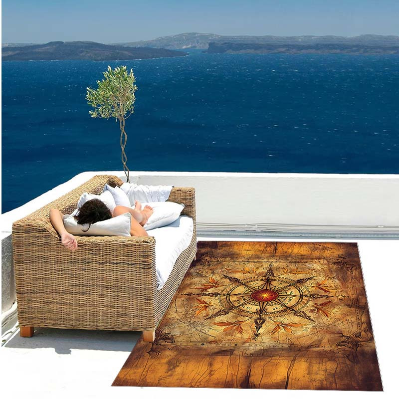 TEMU Vintage Nautical Compass Design Area Rug - Polyester, Hand Wash, Large Size For Entryway, Outdoor & Indoor Use, Ideal For Living Room, Kitchen,