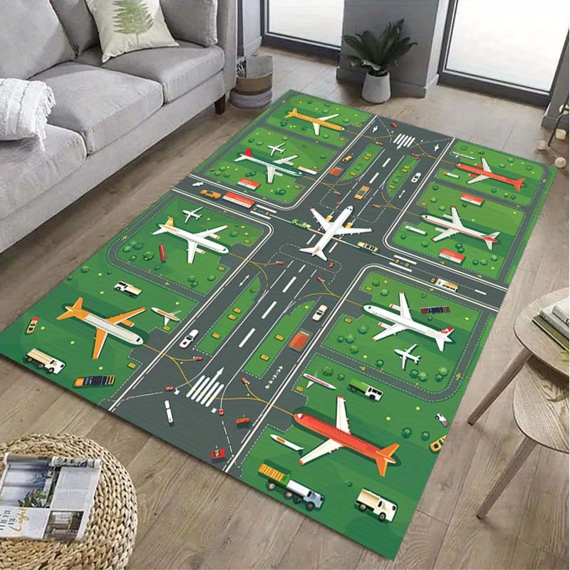 

Animated Airport Patterned Rugs: 800gsm Crystal Velvet For Bedroom, Porch, Indoor, Rectangular, Suitable For Corridors, Living Rooms, Kitchens, Bathrooms, Office Areas, Home Decoration