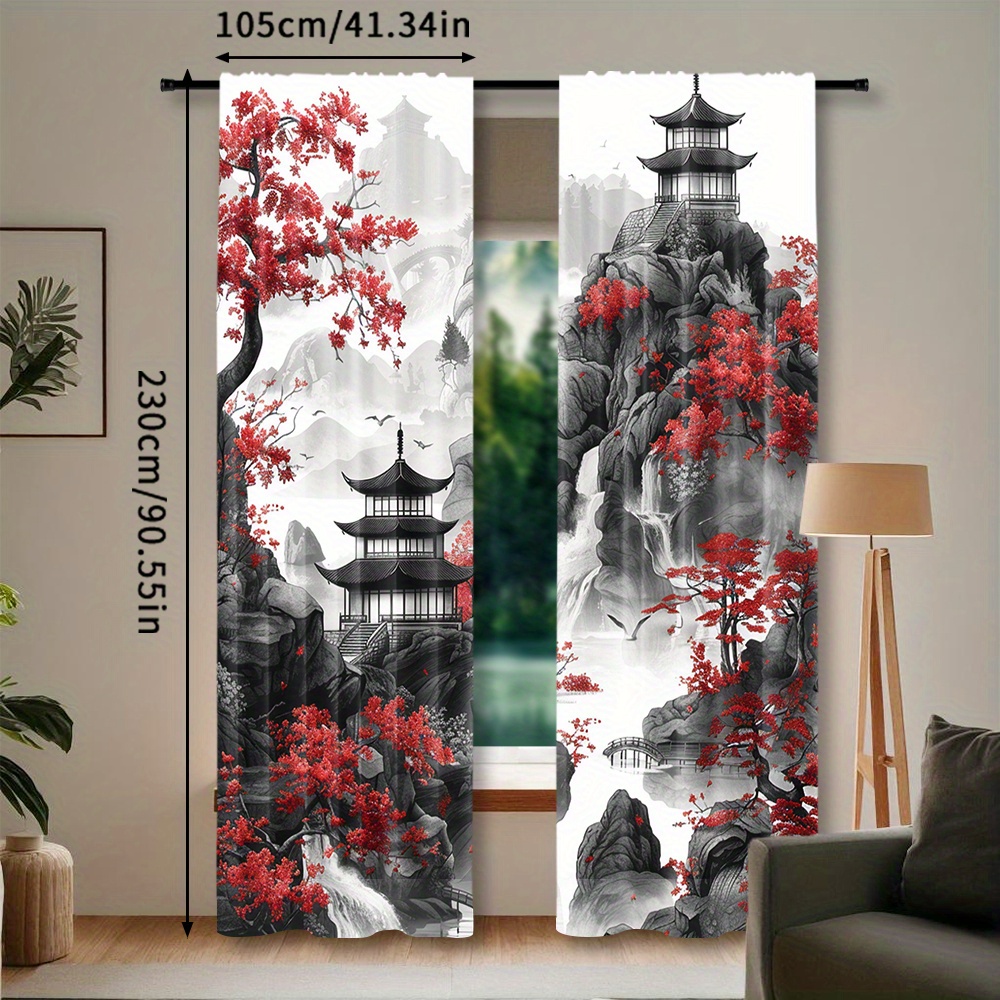 TEMU Curtains en polyester imprimées de peinture à l'encre de rouge et de japonaise - 2 pièces, rideaux à poche de tige semi-transparent, design