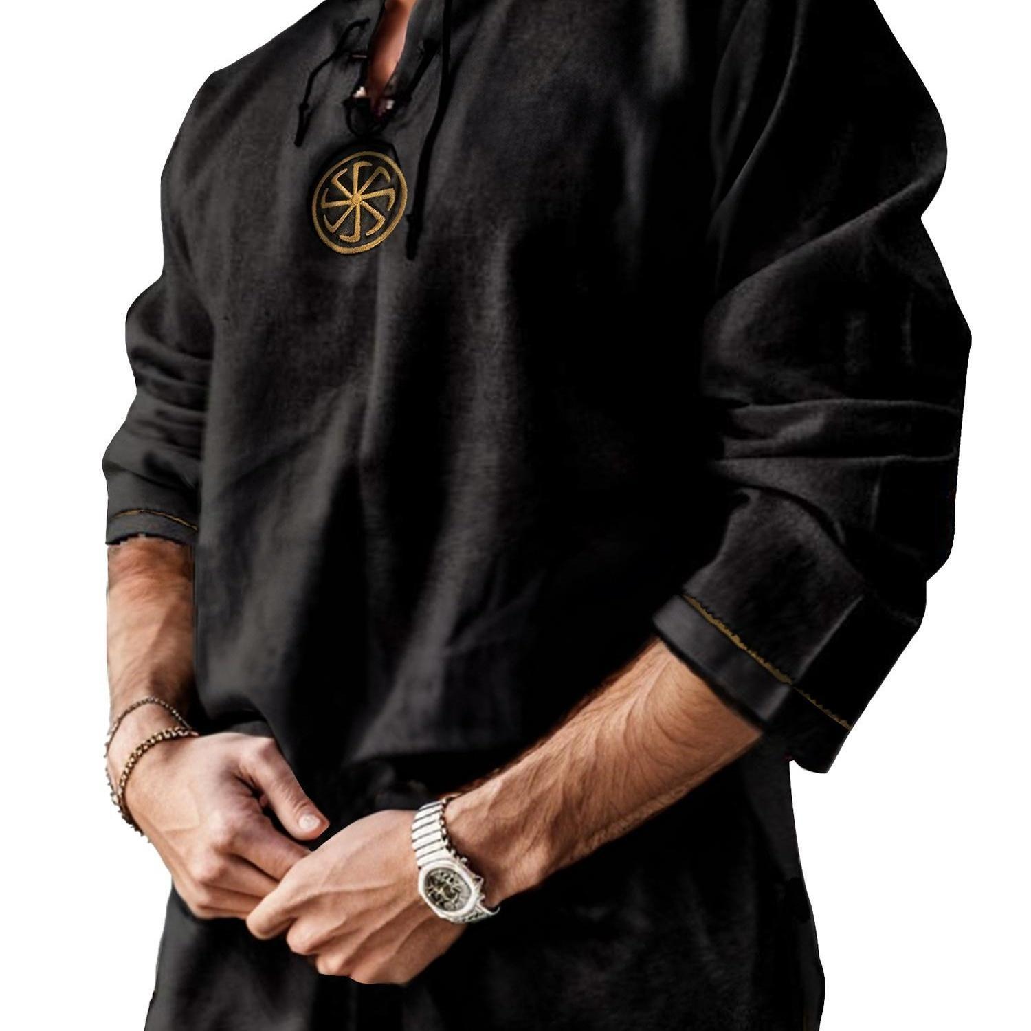 

Tooluck Men's Cotton Linen Shirt Casual Beach V-neck Embroidered Printed Cotton Shirts Long Sleeve T-shirts