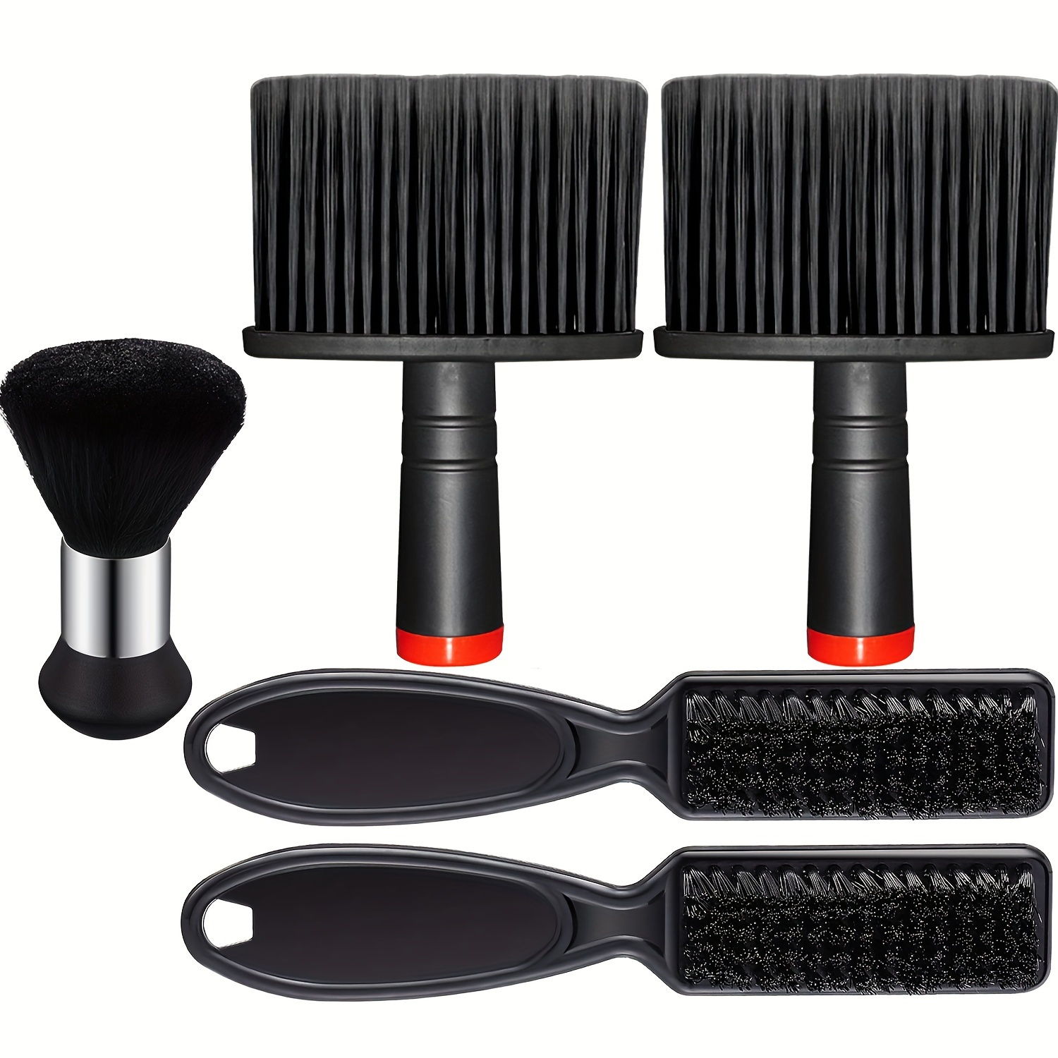 

5pcs Salon Hair Brush Set For Men & Women - Metal & Abs Handle, Nylon Bristles - Includes Barber Blade Cleaning Brush & Neck Duster - Ergonomic Design, For Normal Hair Type