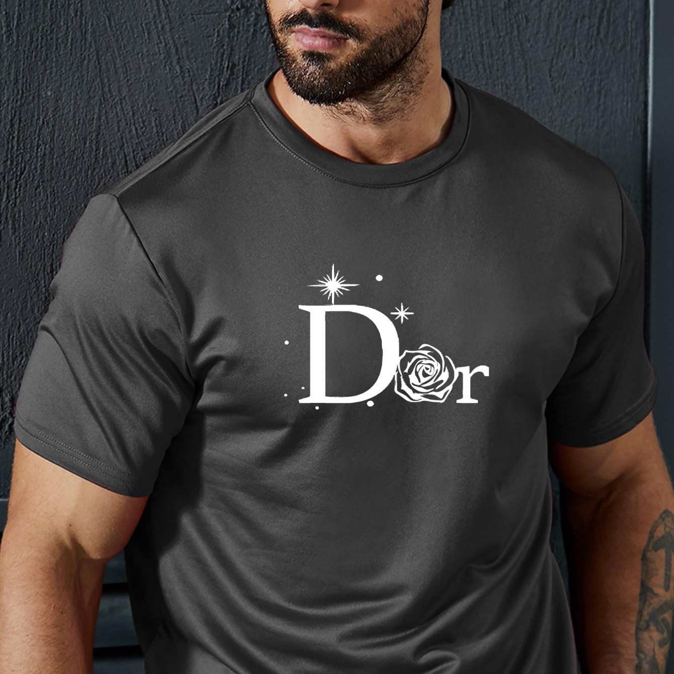 

T-shirt décontracté pour homme en coton polyester avec un d'élasticité, coupe régulière, motif appliqué géométrique, manche courte