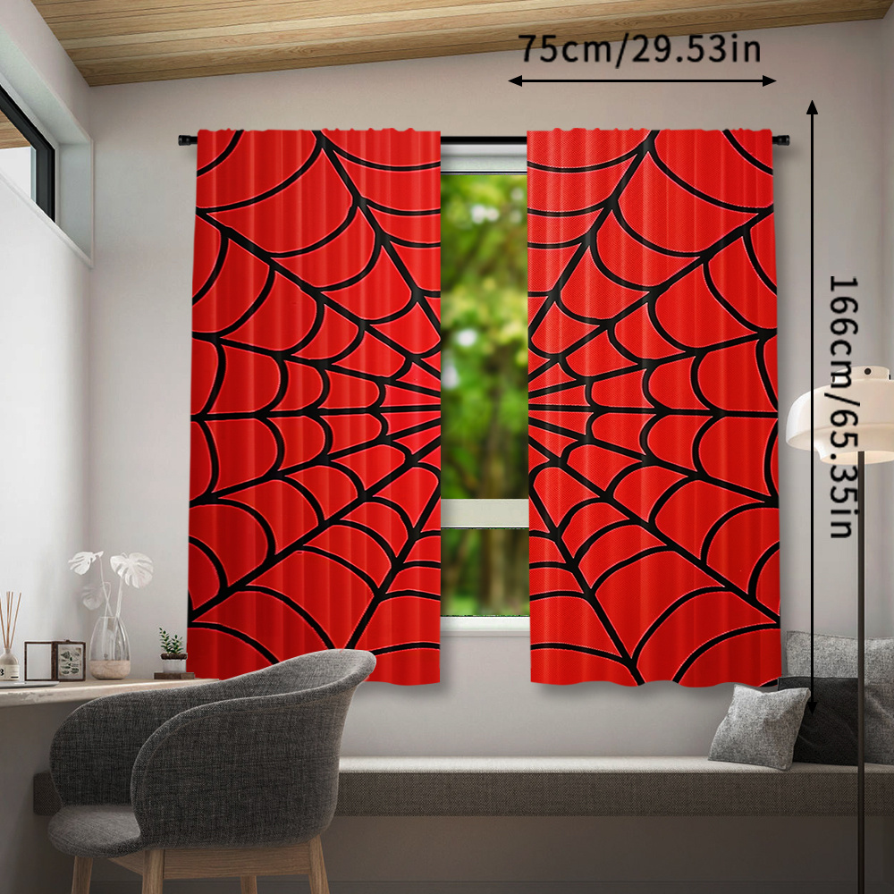 TEMU 2pcs, Black Web Red Curtains, Decorative Window Drapes, Rod Pocket Window Treatment, For Bedroom Living Room, Home Decoration, Room Decoration,