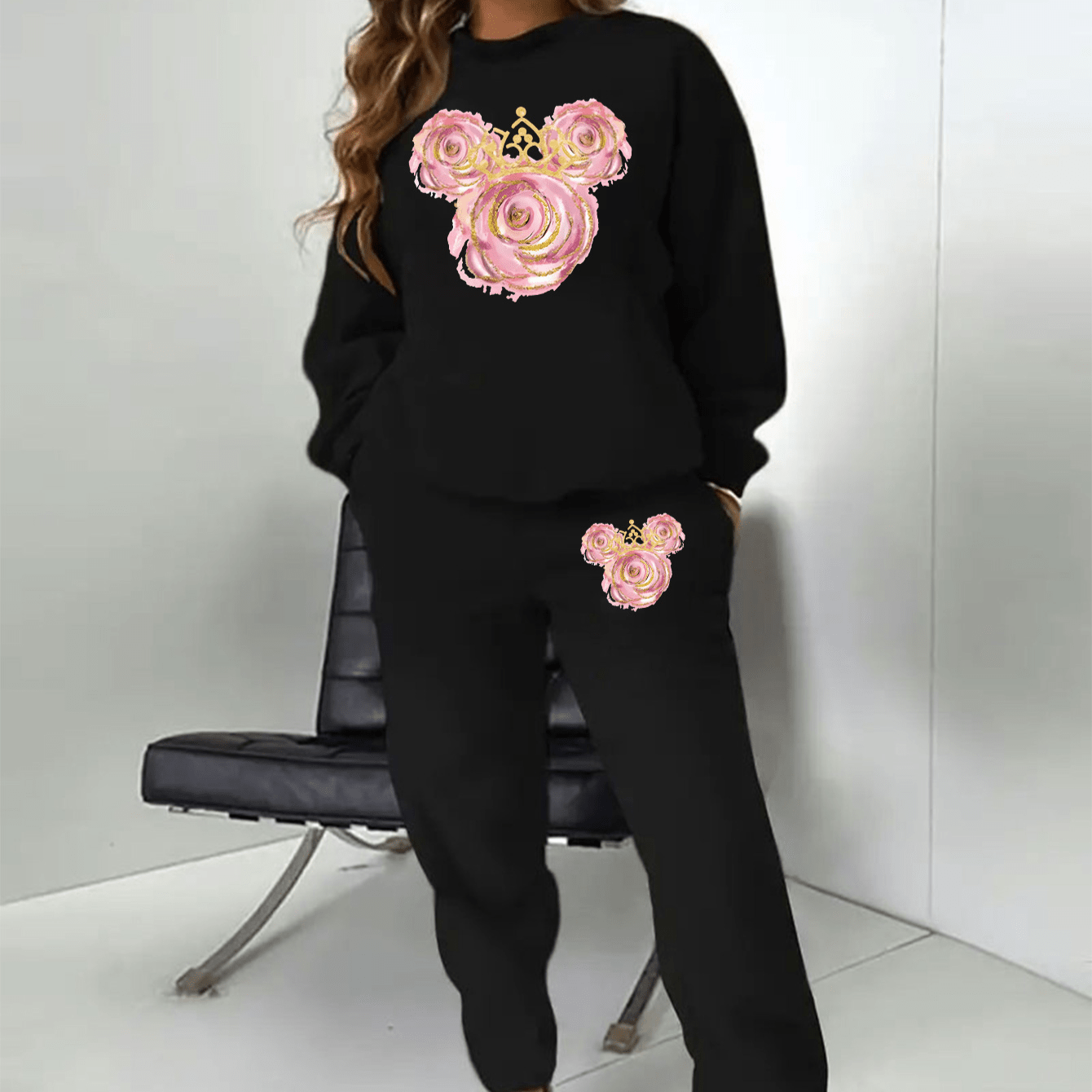 

Women's Casual Knit Polyester Sweatsuit With Crew Neck And Graphic Print, Cozy Loungewear Set For Fall/winter