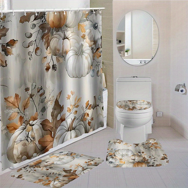 

Autumn Pumpkin Waterproof Bathroom Shower Curtain Set With 12 Hooks: Toilet Seat, Bath Mats, And Rugs - Non-slip, Washable, Polyester Fabric, Suitable For Windows And Bathrooms