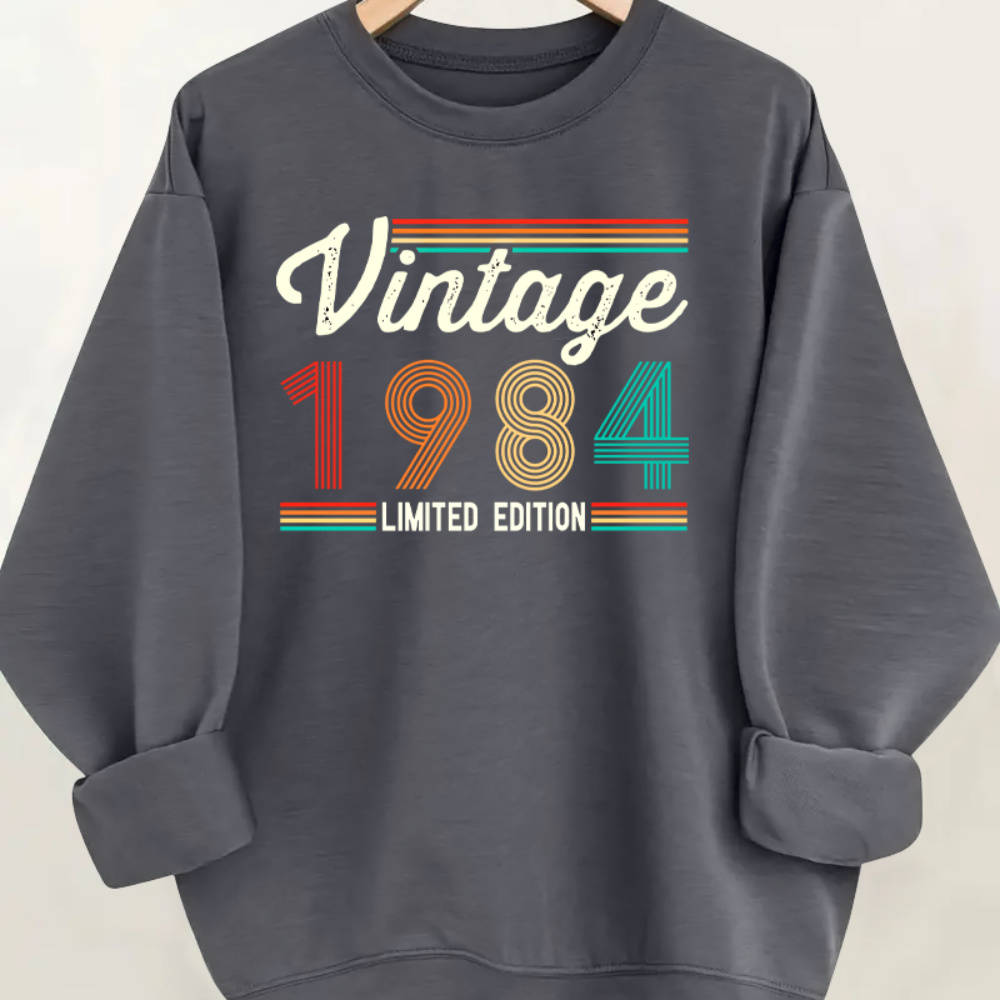 

Vintage 1984 Limited Edition Graphic Crew Neck Sweatshirt, Casual Style, 100% Polyester Knit Fabric, Slight Stretch, Fall/winter Essential Pullover For Adults