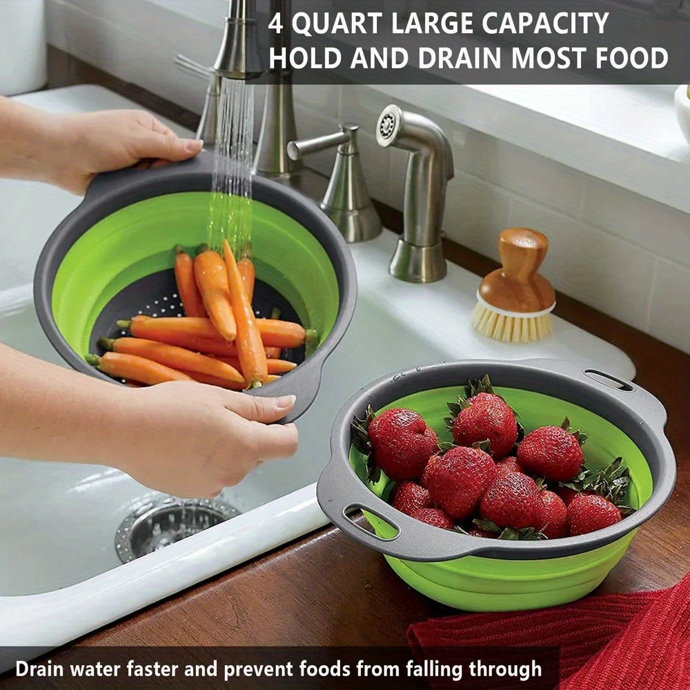 

Space-saving Silicone Colander Set - 4 Quart Large Capacity, Foldable Drain Basket For Vegetables & Fruits, Kitchen Strainer With Handle