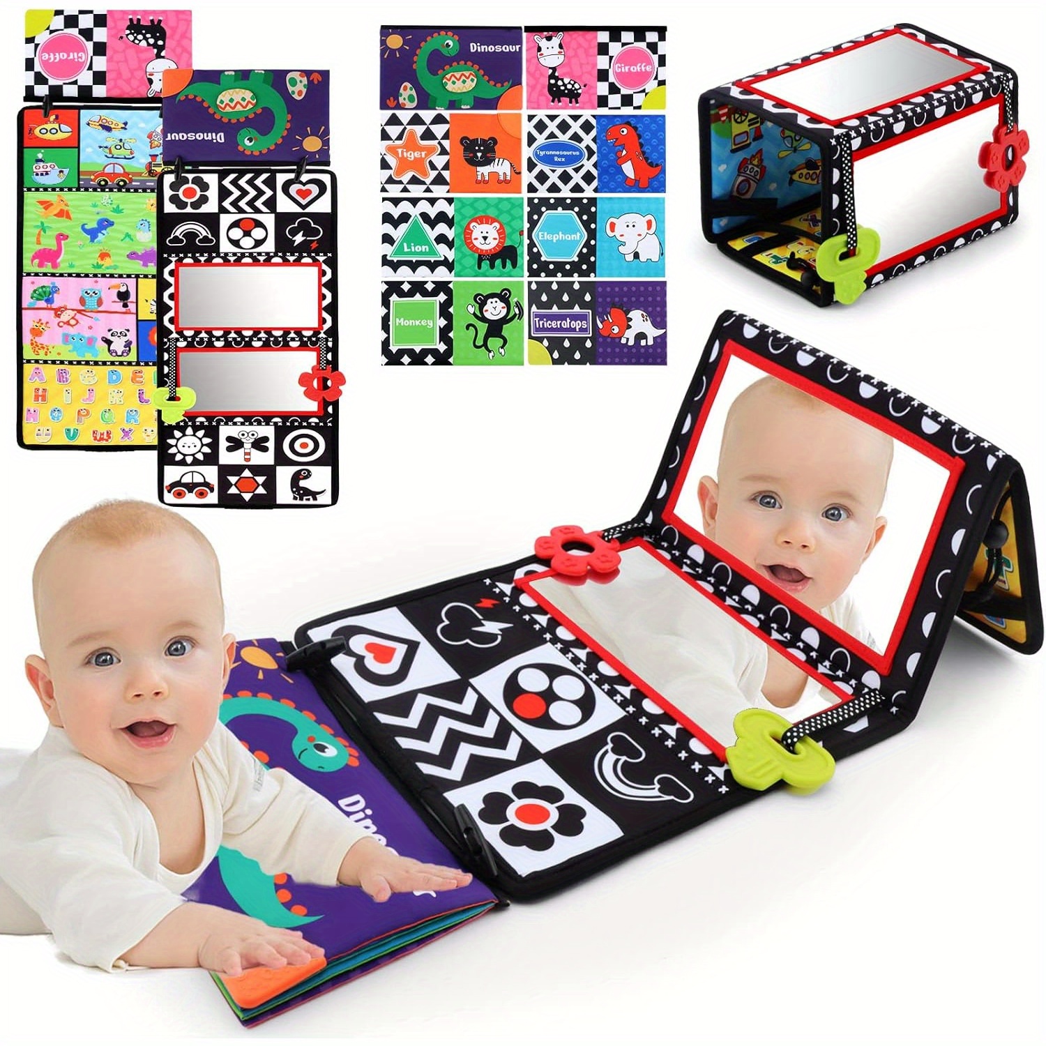 TEMU Floor Mirror With Crinkle Cloth Book And Teethers, Double-sided Baby Mirror Black And White High Contrast Baby Toys, Folding Crawling Activity