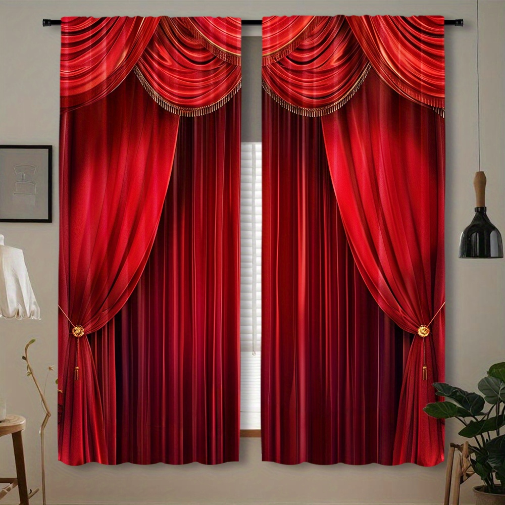 

2pcs, Red Curtains Printed Curtain For Home Decor, Rod Pocket Window Treatment, For Bedroom, Office, Kitchen, Living Room, And Study