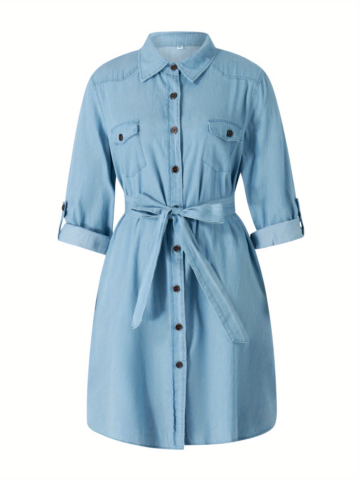 1pc womens casual modest denim dress solid color long sleeve - Temu