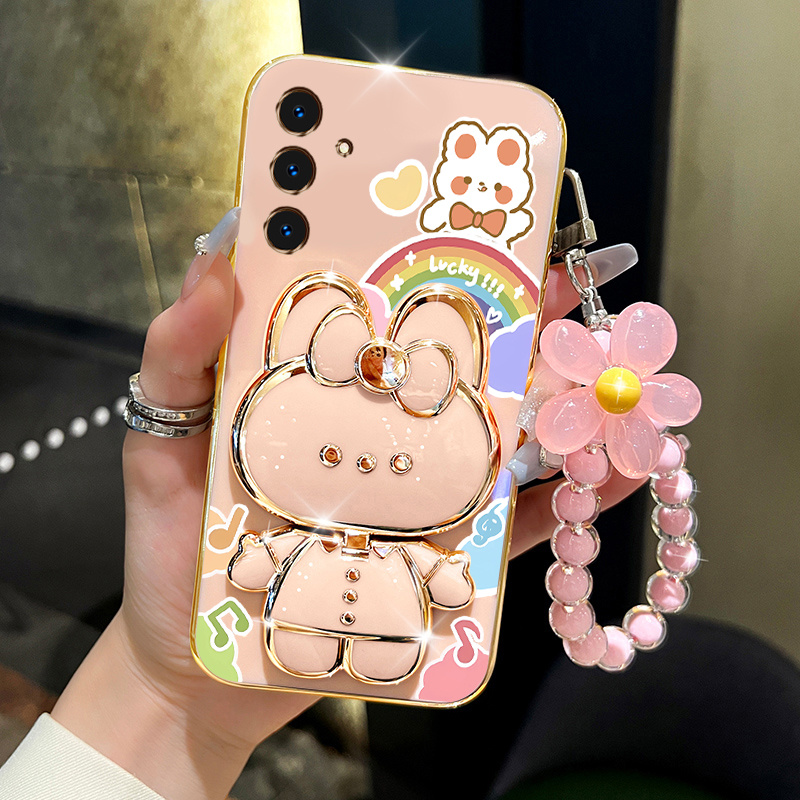 

A 35 Lucky Rabbit Holder Flower Bracelet Plating Phone Case For Samsung A35 Soft Cover