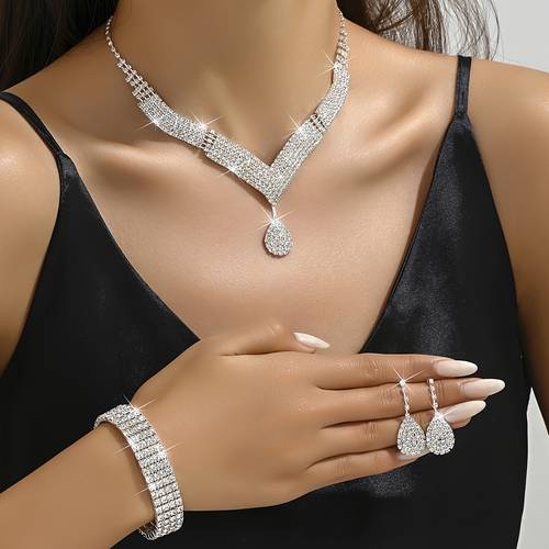 1 pair dangle earrings 1pc necklace 1 pc bracelet with water drop pendant copper jewelry set rhinestones inlaid elegant female gift gifts for eid