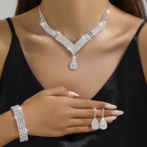 1 pair dangle earrings 1pc necklace 1 pc bracelet with water drop pendant copper jewelry set rhinestones inlaid elegant female gift gifts for eid